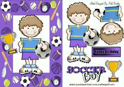 Soccer Boy Wins the Cup in Purple Sports Frame