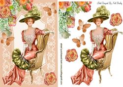 Elegant Lady Sitting with Fan on Peach Lace
