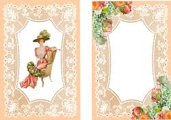 Elegant Lady Sitting with Fan on Peach Lace A5 Insert