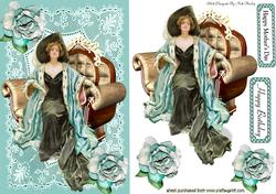 Vintage Lady in Chair on Turq Lace & Roses