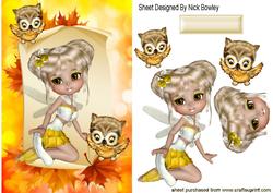 Autumn Faerie on a Scroll with Cute Owls
