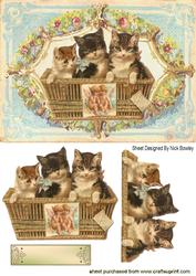 Vintage Kittens in a Basket in Floral Frame