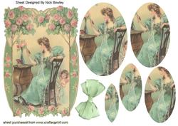 Pretty Vintage Lady Reading with Roses 0val Pyramids