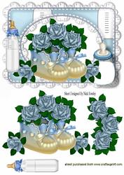 Baby Boy Bootees with Roses & Bottle