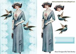 Pretty Vintage Lady with Blue Birds on Lace
