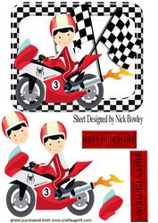 Motorcyclist in Red with Racer & Check Flags