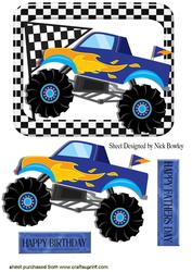 Blue Monster Jeep with Flag and Flames
