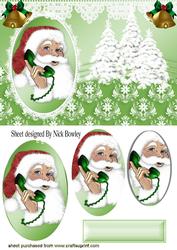 Santa on the Phone, with Snow Trees Oval Pyramids