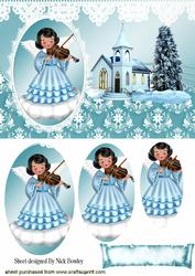 Angel with Violin and Church in Snow Oval Pyramids