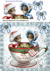 Two Little Christmas Mice Sitting in a Teacup 8x8
