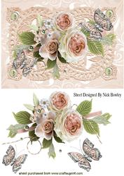 Pretty Peach Rose and Butterflies on Vintage Lace