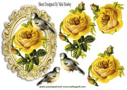 Yellow Roses and Little Bird in Ornate Frame