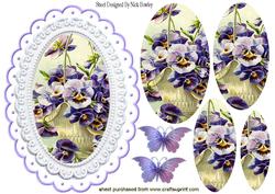 Lilac Pansies in a Basket Oval Pyramids with Butterflies