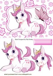 Cute Pink Pony with Crown in Floral Frame