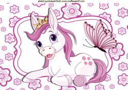 Cute Pink Pony with Crown in Floral Frame A4