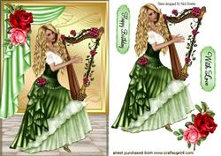 Beautiful Lady with Harp & Red Roses