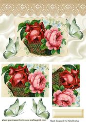 Pretty Vintage Roses in a Basket with Ecru Lace