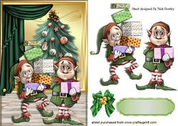 Santas Working Elves with Presents & Tree