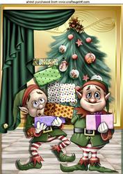 Santas Working Elves with Presents & Tree A4