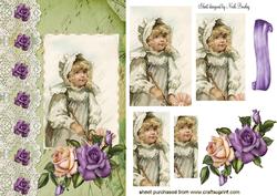 Pretty Vintage Girl in the Rain on Lace, Roses Pyramids