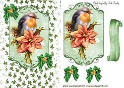 Red Robin on a Plaque with Holly, & Poinsettias