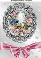 Pretty Birds in a Birds Nest in Ornate Frame A4