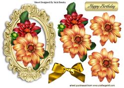 Pretty Peach/red Dahlias in Ornate Gold Frame