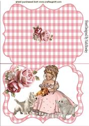Pretty Girl with Her Puppies Sitting in Gingham Bracket Crd