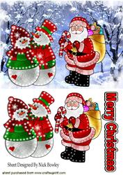 Illuminated Santa with Snowmen in Snow Scene