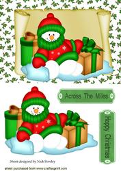 Snowman Keeping Warm with Pressies on a Scroll