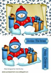 Snowman in Blue, with Presents on a Scroll