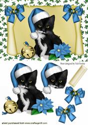 Black Kitten in Blue Santa Hat on a Scroll