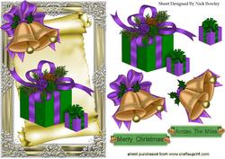 Purple Bow Bells with Presents on a Scroll