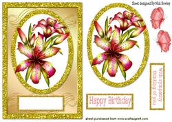 Pink Lillies in Glitter Gold Frame with Butterflies