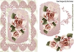 Peach Roses on a Plaque with Crochet Lace