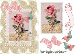 Pink Rose Topper with Crochet Lace & Butterflies