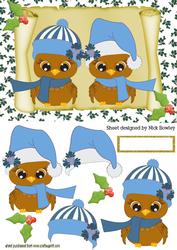 Merry Owls in Blue Santa Hats on a Scroll