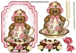 Little Bear in Teacup with Roses on Lace