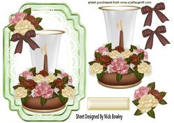 Pinks, Cream & Brown Roses with Candle on Lace