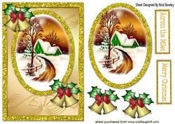 Pretty Cottage in the Snow with Bells Card & Topper