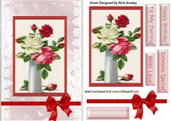 Pretty Vase of Cream/pink Roses in a Vase Card & Topper