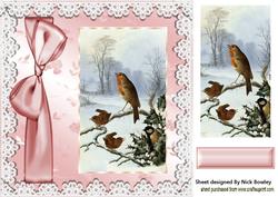 Pretty Robins in the Snow with Pink Bow 8x8