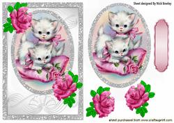 Kittens Playing, with Pink Roses, in Sparkle Frame