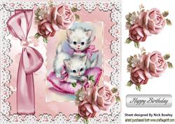 Playful Kittens with Pink Roses 8x8