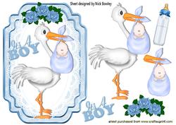 Stork with Baby Boy and Roses! on Lace with Roses