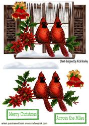 Red Cardinals in the Snow with Window & Bell