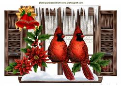 Red Cardinals in the Snow with Window & Bell A4