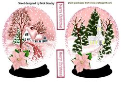 Snow Scene in Pink with Church & Cottage Snowglobes