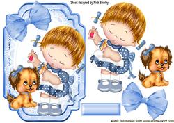 Pretty in Blue Little Girl with Her Puppy on Lace