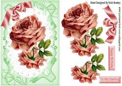 Painted Vintage Pink Rose on Lace with Bow